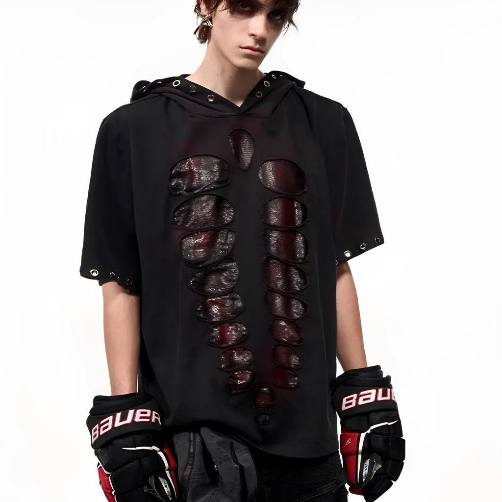 Black men's hooded short-sleeved t-shirt with sequin detailing and loose fit