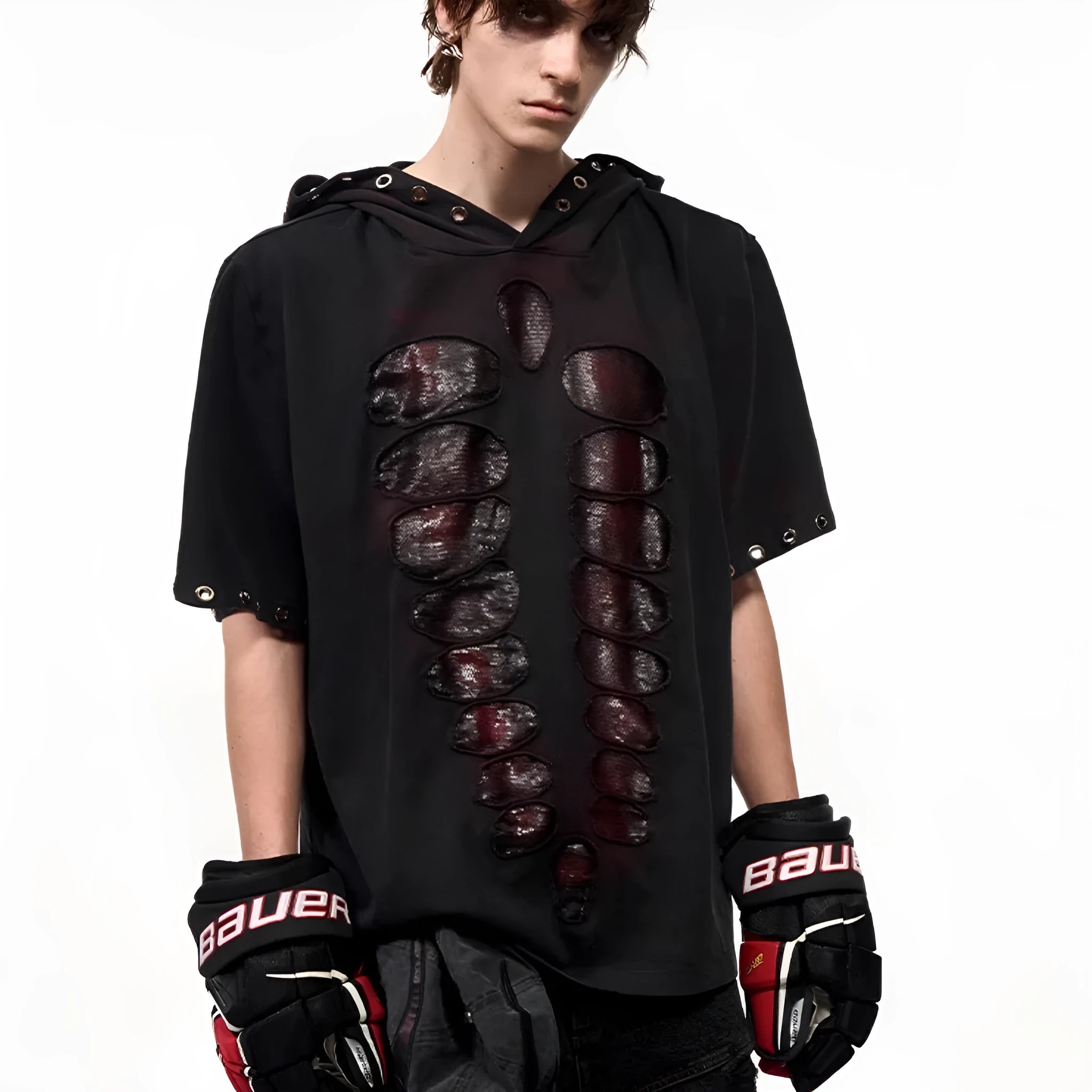 Black men's hooded short-sleeved t-shirt with sequin detailing and loose fit