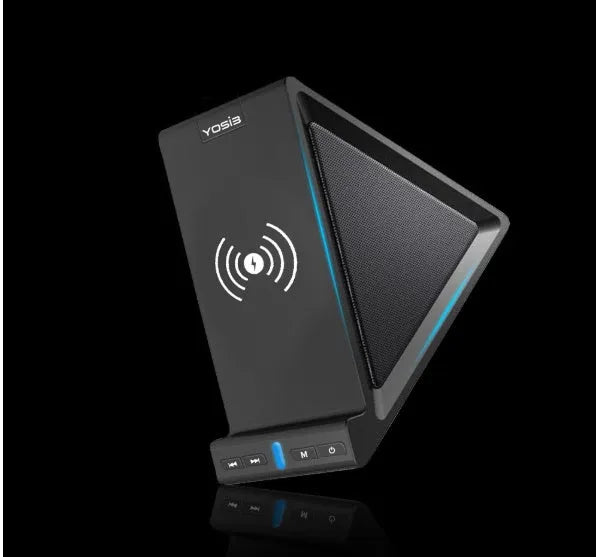 Black multifunctional Bluetooth speaker with built-in power bank and phone stand, showing front and side views.