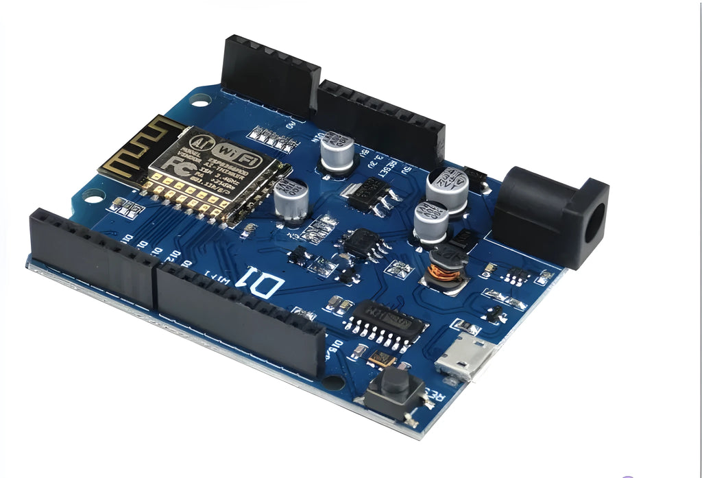 Black ESP-8266EX WIFI development board with Arduino compatibility and labelled I/O pins