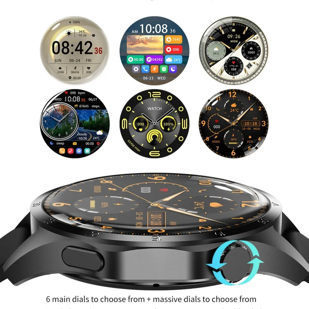 Black Bluetooth smartwatch with touch screen displaying health metrics, available with silicone or Milan net strap options