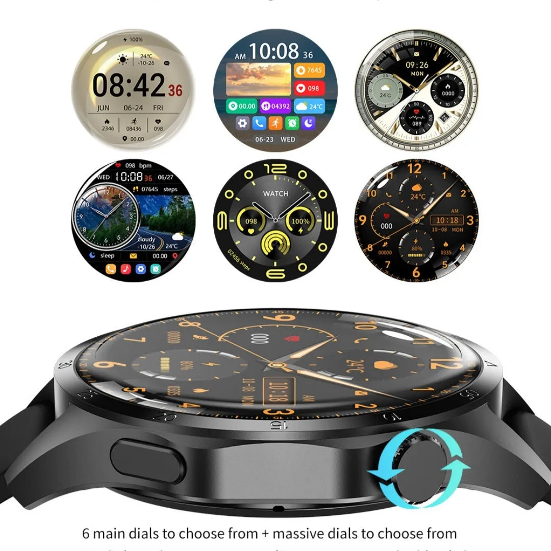 Black Bluetooth smartwatch with touch screen displaying health metrics, available with silicone or Milan net strap options
