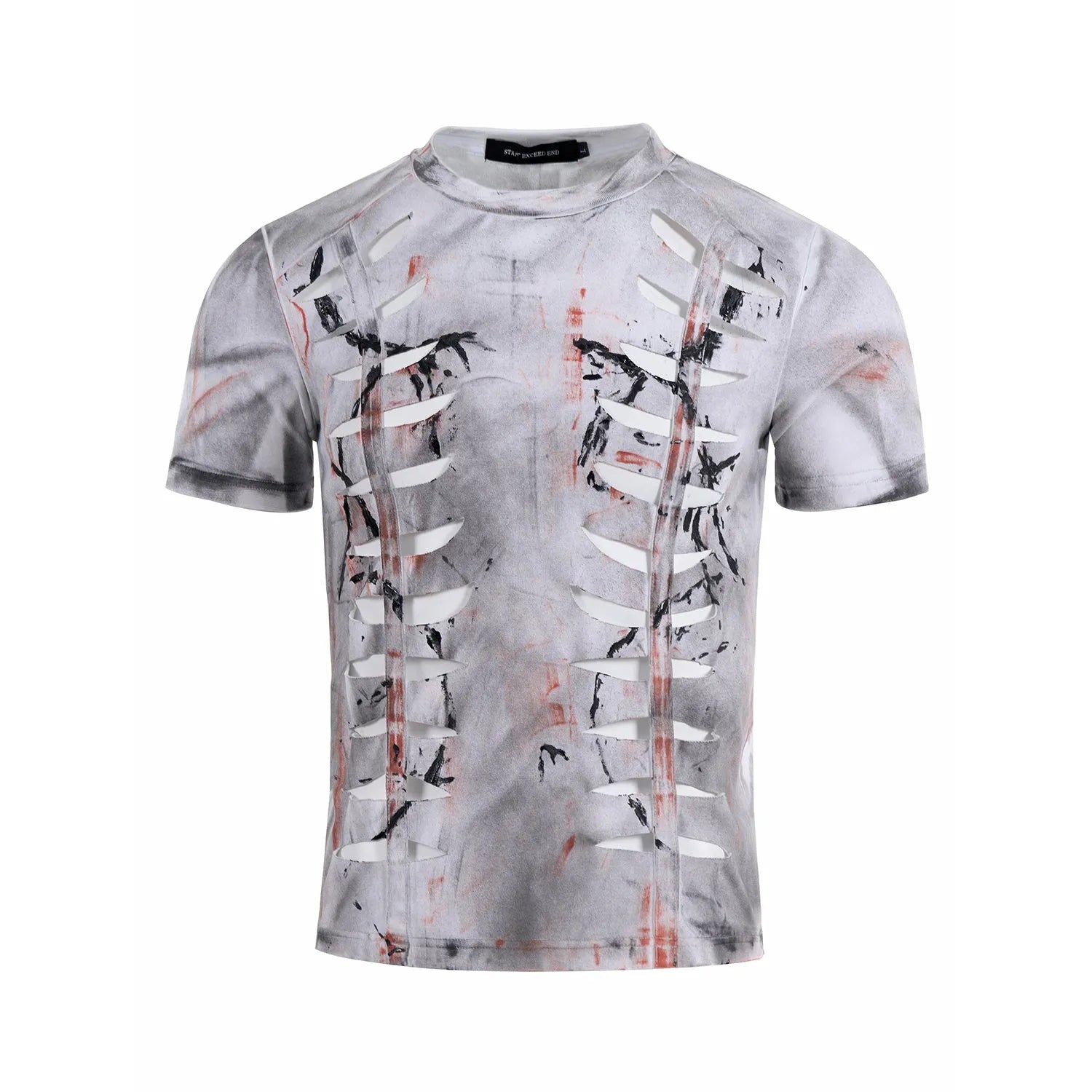 White men's cotton T-shirt with cut hollow-out design and short sleeves showing fitted silhouette