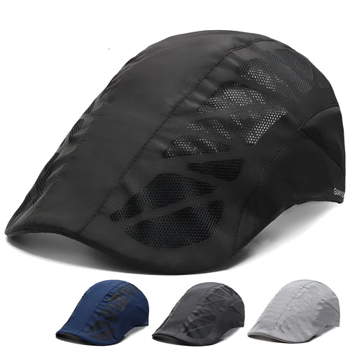 Adjustable mesh beret hat in grey with geometric pattern, curly brim, and dome top for summer sun protection