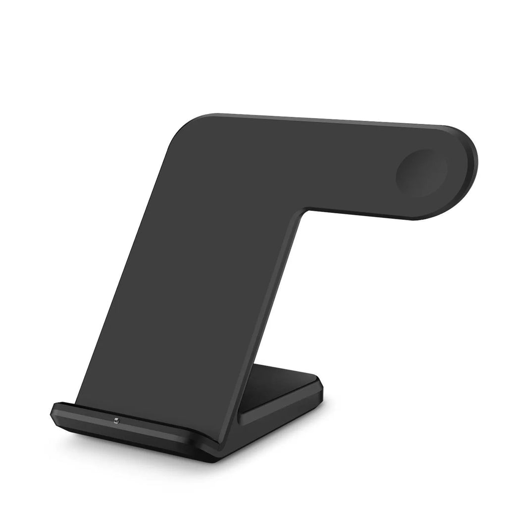 Black or white wireless phone charger with USB-C cable and UK power adapter on desk
