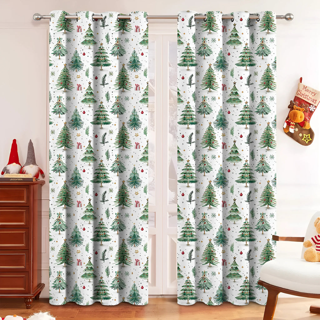 Close-up of a needle-punched Christmas Forest pattern on a blackout polyester curtain panel.