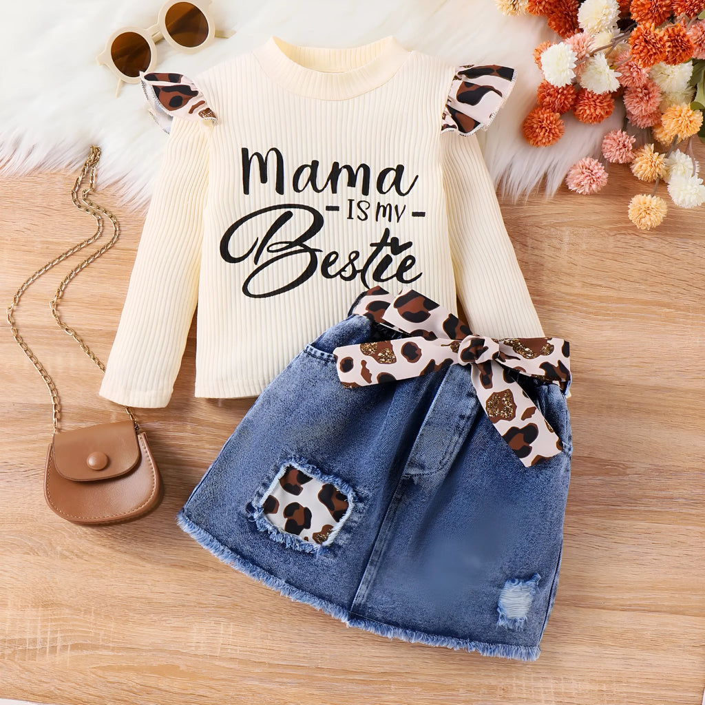 Children's apricot three-piece skirt suit with cotton top, leopard patch denim skirt, and sunken stripe letter jacket for girls 4Y-7Y