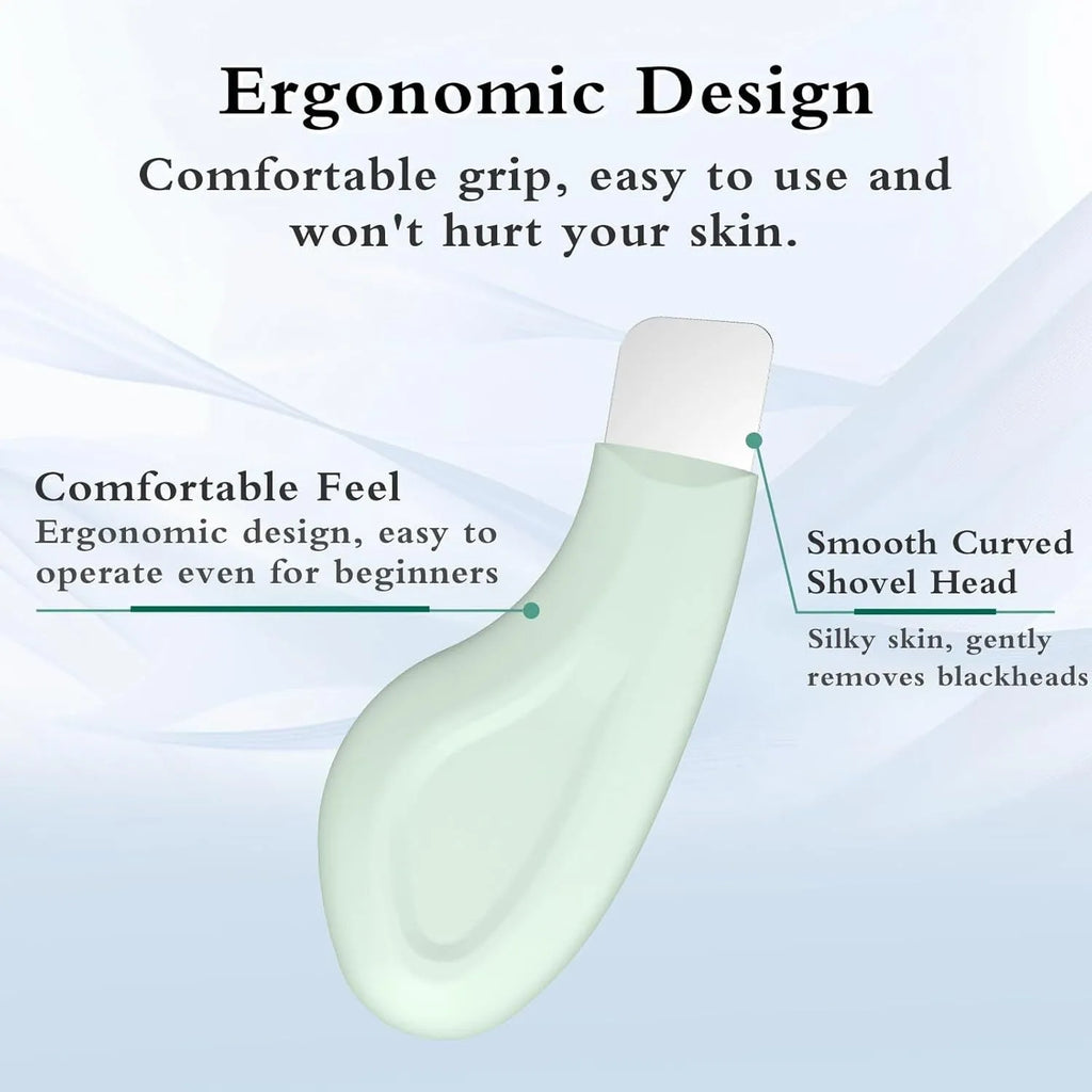 Green stainless steel pore scraper face spatula with a non-slip handle for blackhead removal.