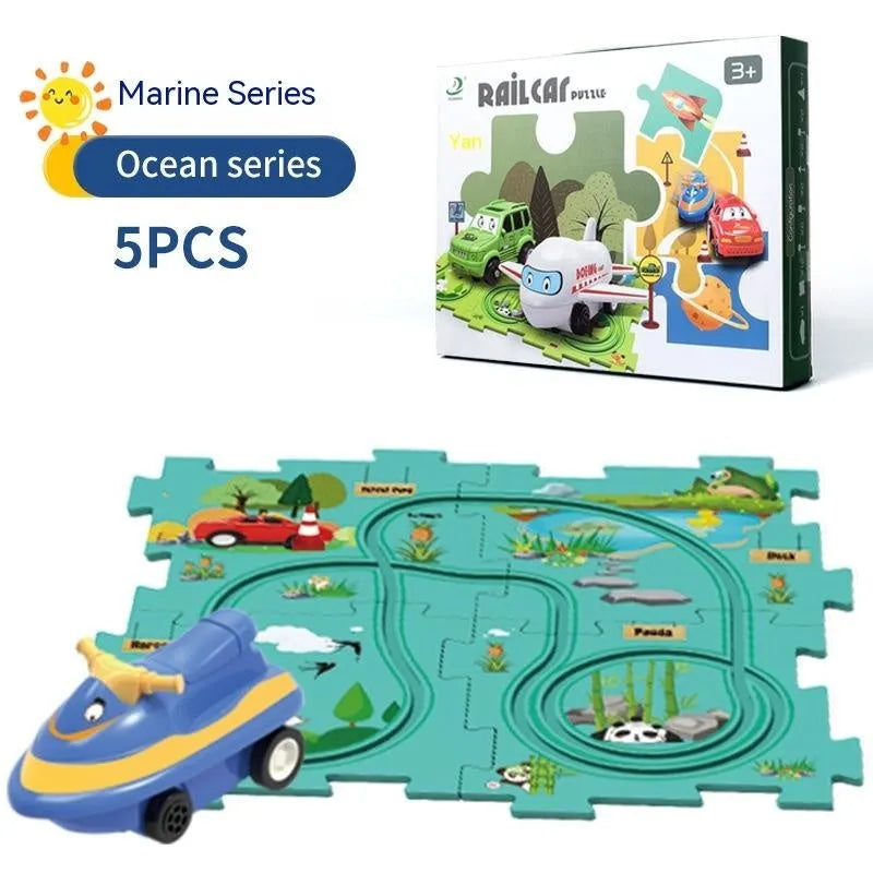 Children puzzle electric railroad speeder DIY track set with automatic car on grooved rails