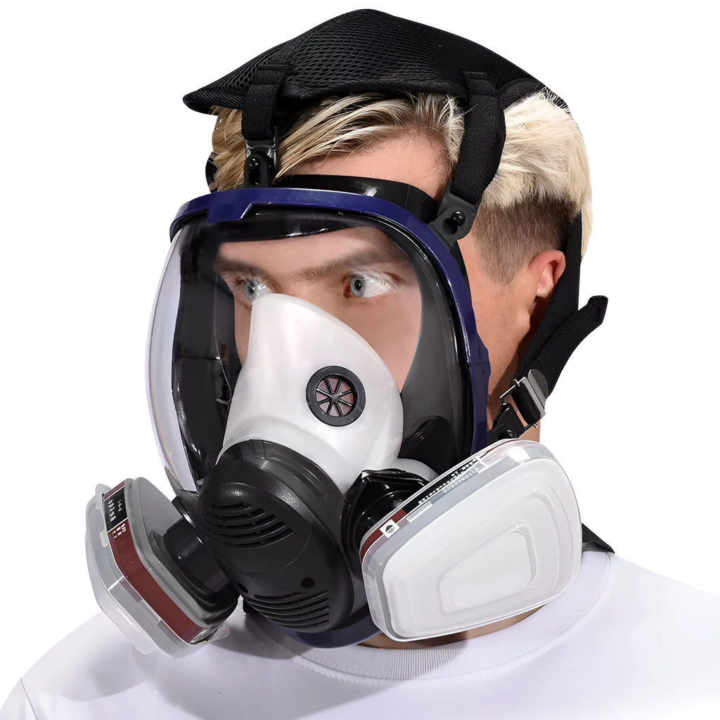 Blue edge spherical full face mask with silicone trapezoidal canister for KN95 and gas activated carbon protection