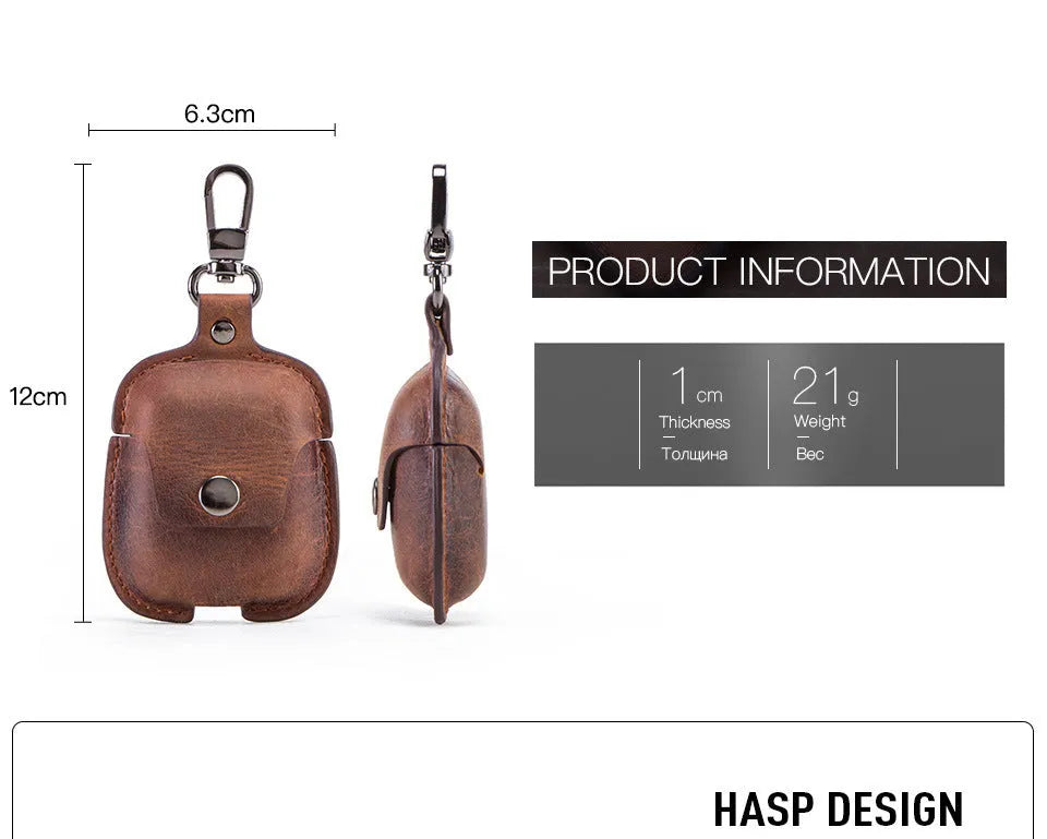 Crazy horse cowhide leather AirPods cover with keychain and charging hole, 6.8cm x 12.3cm, in blue, brown, coffee, or red.