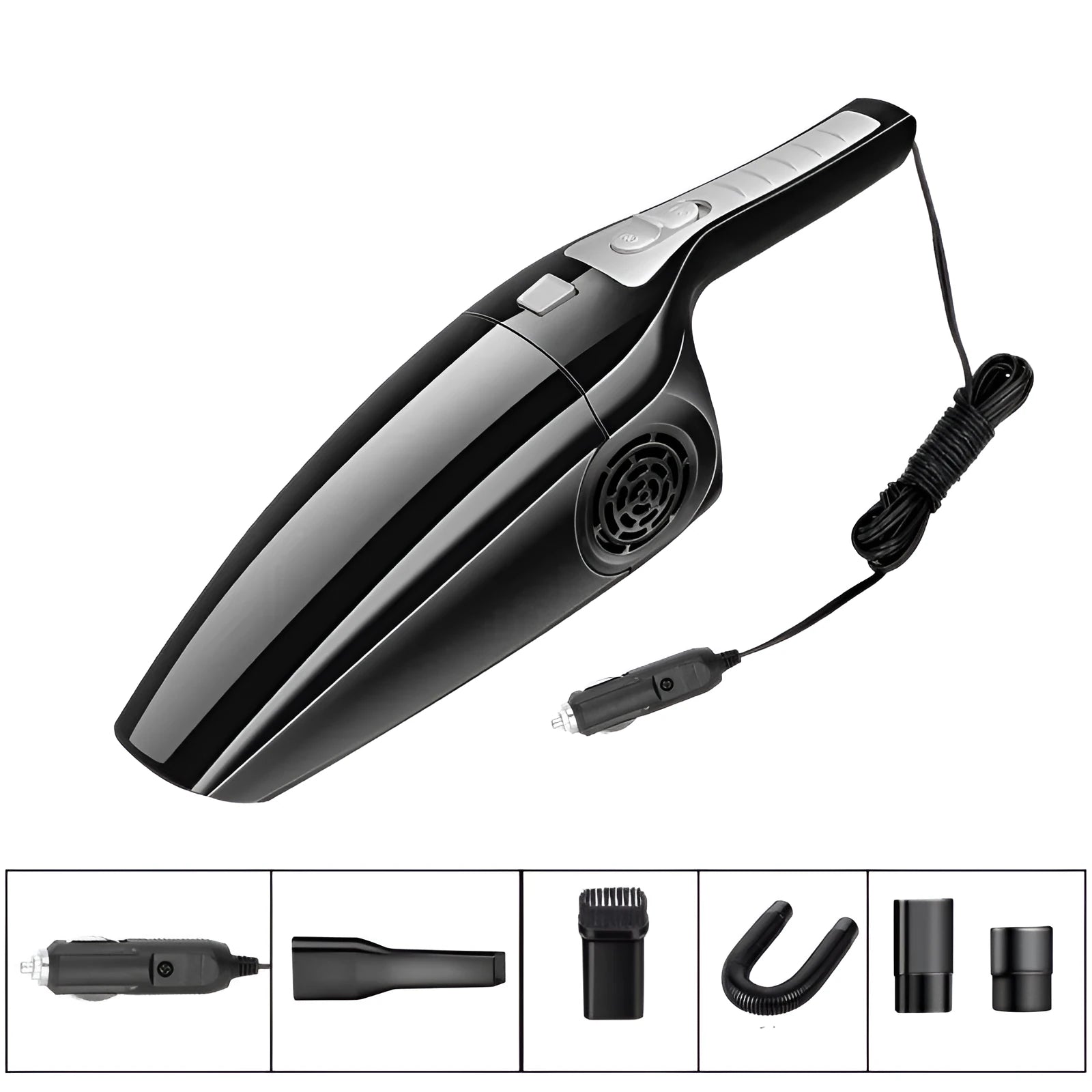 Black and orange car vacuum cleaner with cigarette lighter plug, showing compact 36cm size.