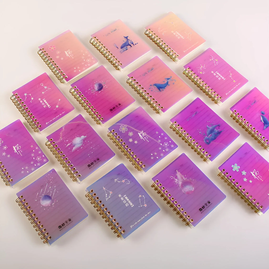 Rollover coil spiral bound pocket notepad with PP cover in Constellation design, shown open and laying flat.