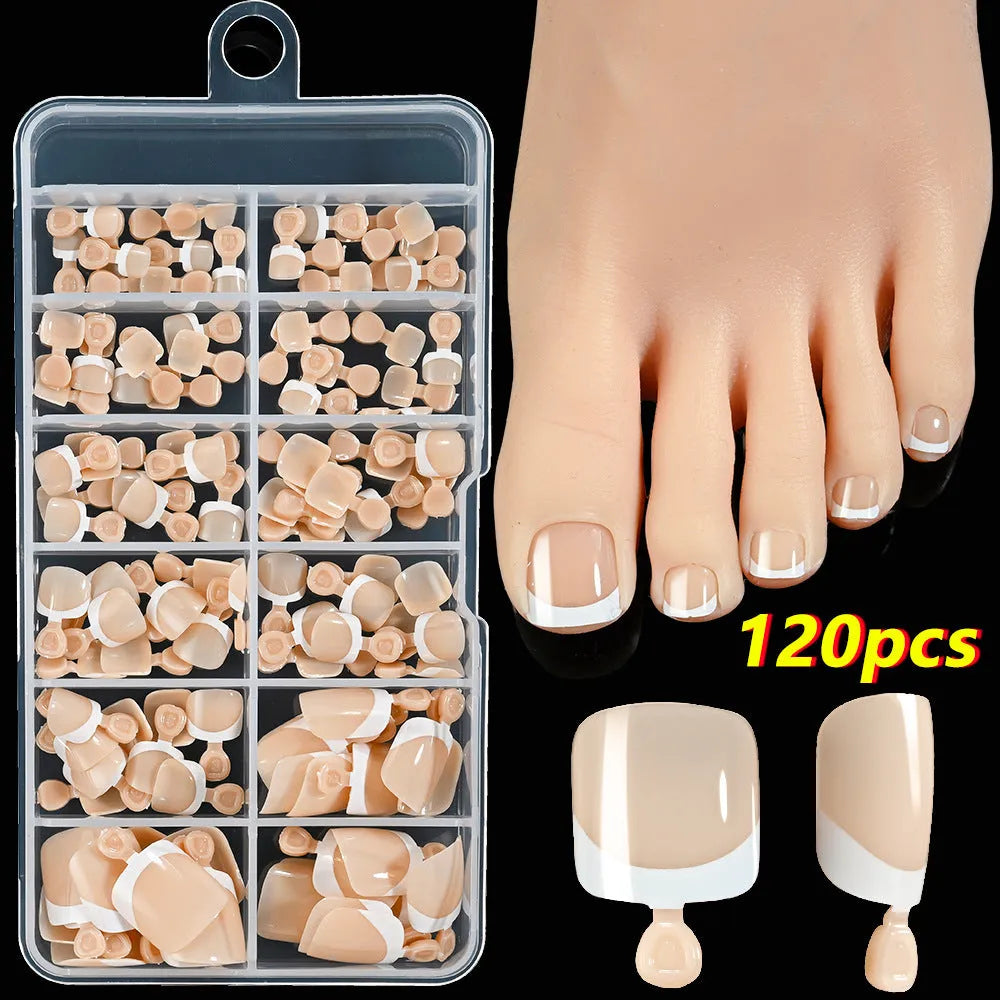120-piece box of French white tip full square short nude nail appliqués in nine colour shades.
