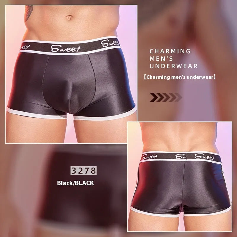 Men's shiny silky nylon boxers in black, white, and sapphire blue colours