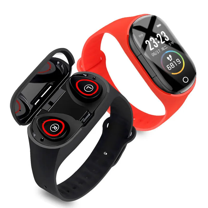 Smart bracelet and earphone combo in blue, black, or red with a 1-inch colour screen and silicone wristband.