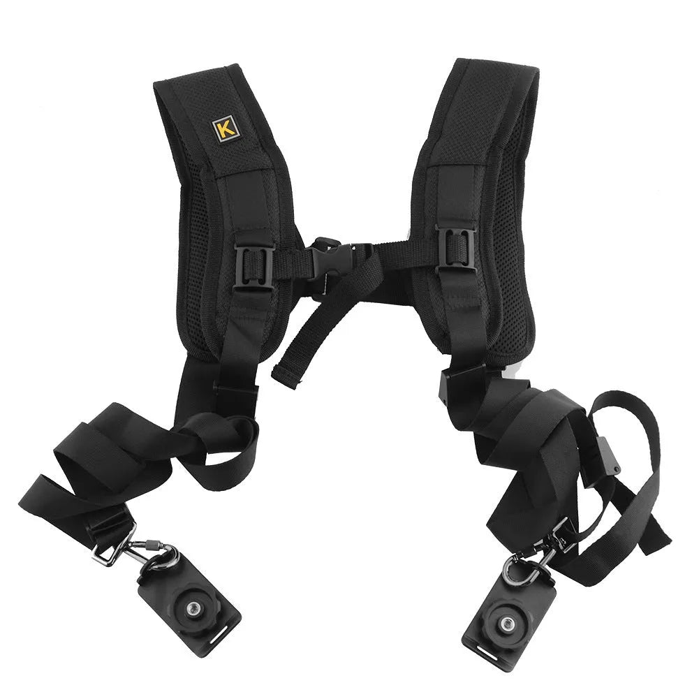 Black professional dual SLR camera shoulder strap shown carrying two cameras.