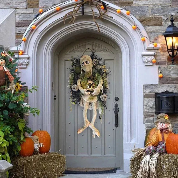 Realistic mummy skeleton hands Halloween wreath 46cm for front door hanging