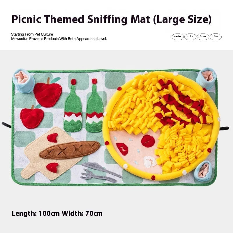 Plastic fabric dog sniffing mat in a thematic design, used for hiding food treats as a pet enrichment toy