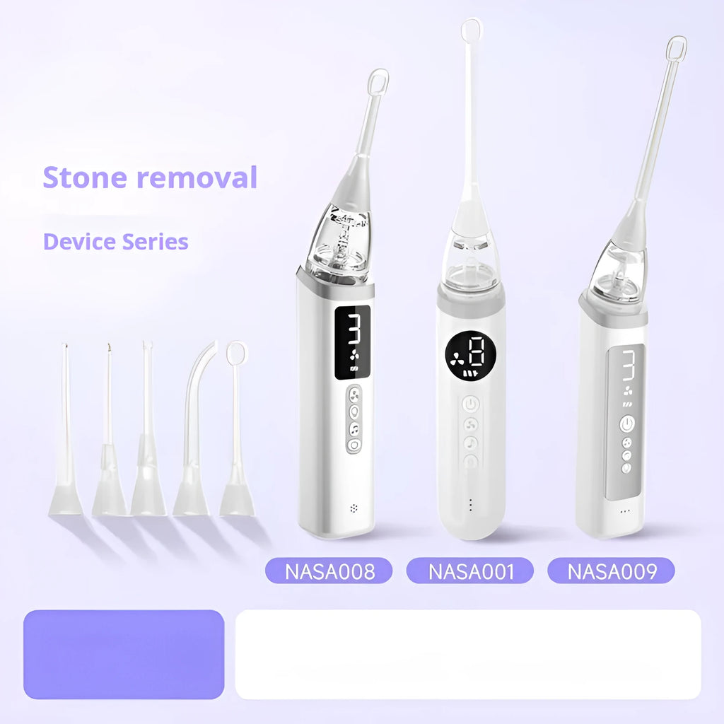 Milky white tonsil stone removal tool oral cleaning kit on a plain background.