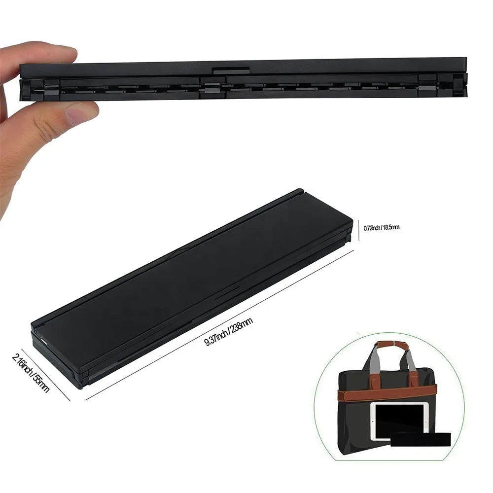 Black folding wireless Bluetooth keyboard for tablets with numeric keypad shown open and closed