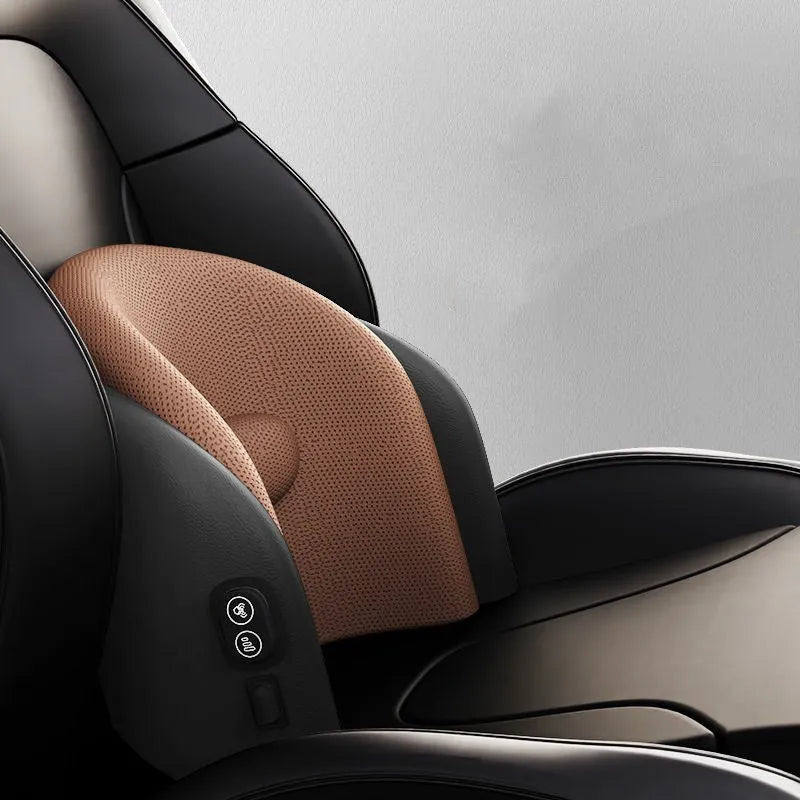 Car seat massage cushion and headrest set made from memory foam in a neutral colour.