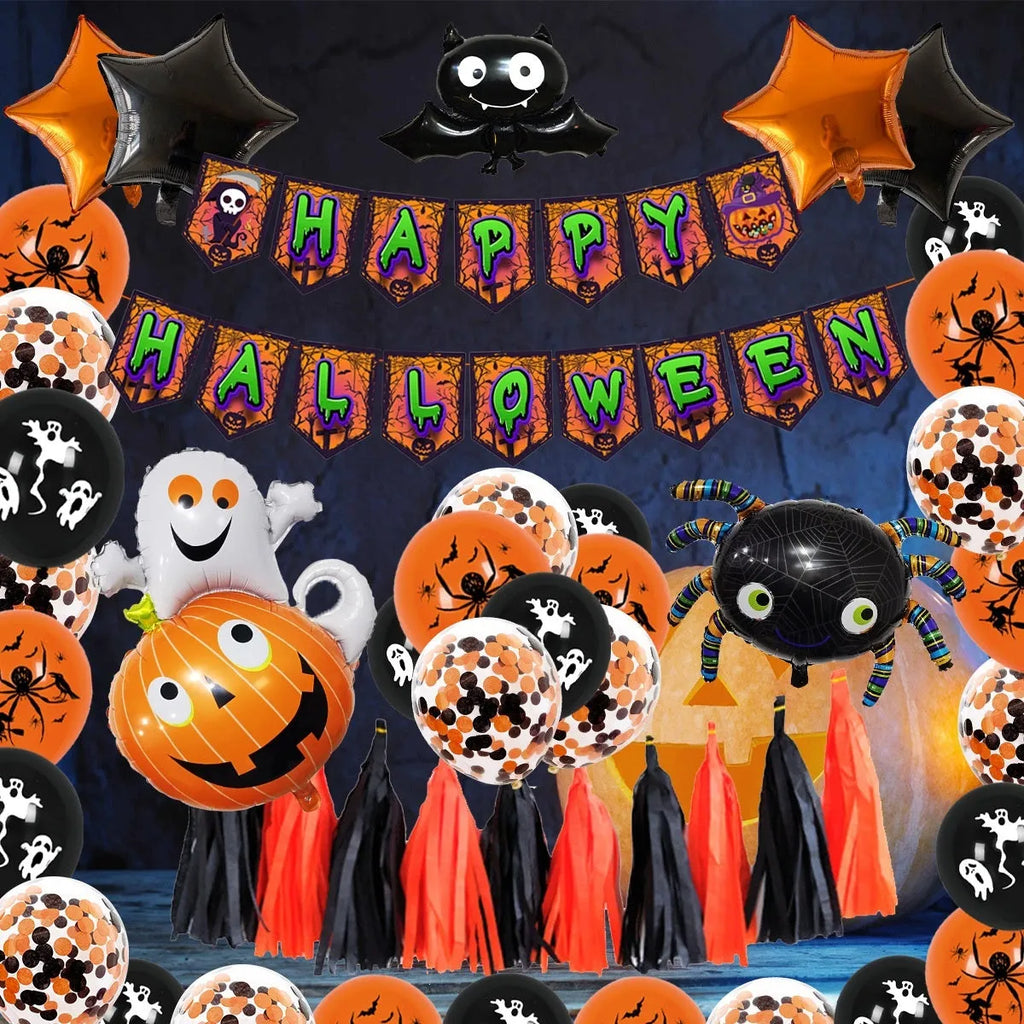 Halloween spider balloon arch combo set with black and white latex balloons featuring skull and pumpkin designs
