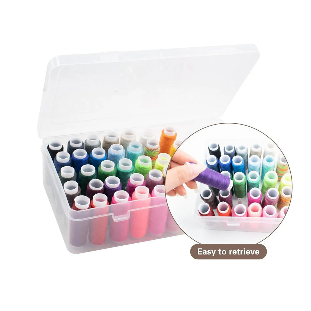 A transparent, pink, or blue plastic storage box with 42 small compartments for embroidery threads and craft supplies.