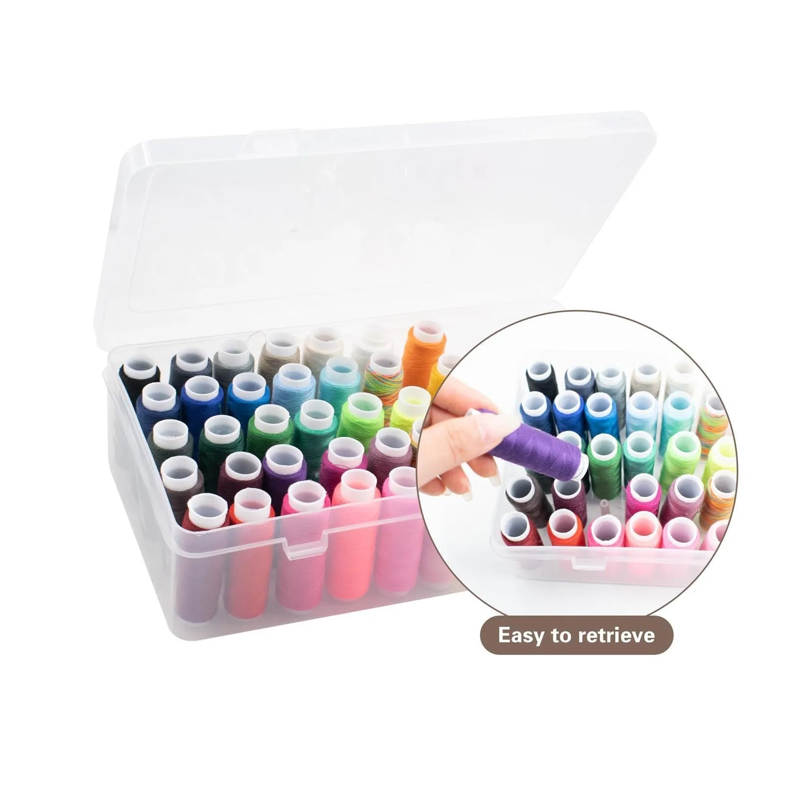 A transparent, pink, or blue plastic storage box with 42 small compartments for embroidery threads and craft supplies.