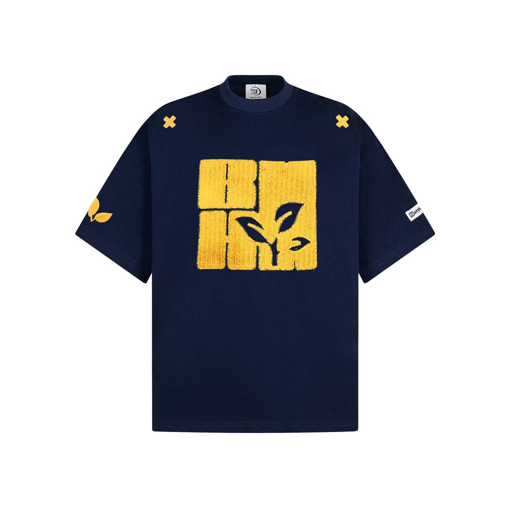 Men's cotton short sleeve T-shirt with embroidered letter pattern, loose pullover, black blue melange gray, sizes M L XL