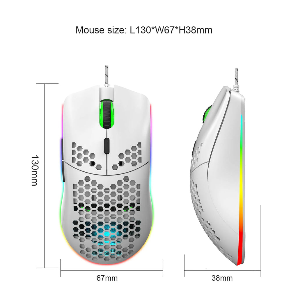 J900 honeycomb shell wired gaming mouse with USB cable in black colour, top view showing six buttons and RGB lighting