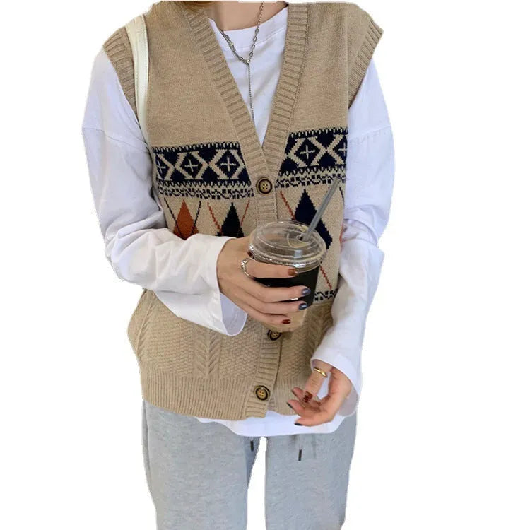 Khaki diamond plaid pattern sleeveless loose cardigan on a hanger