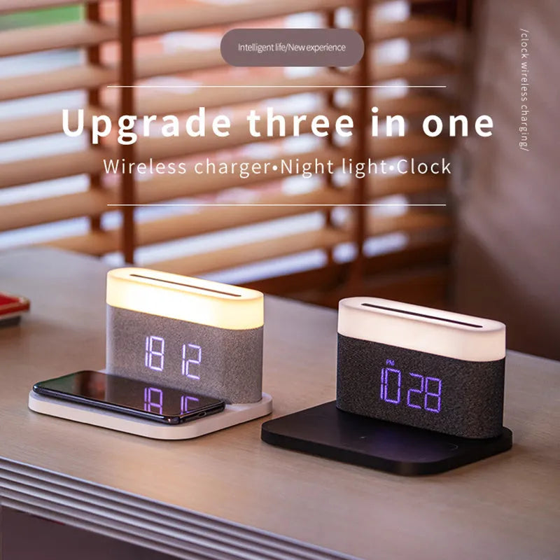 Wireless charger desktop clock night light table lamp in black or white with modern simple design