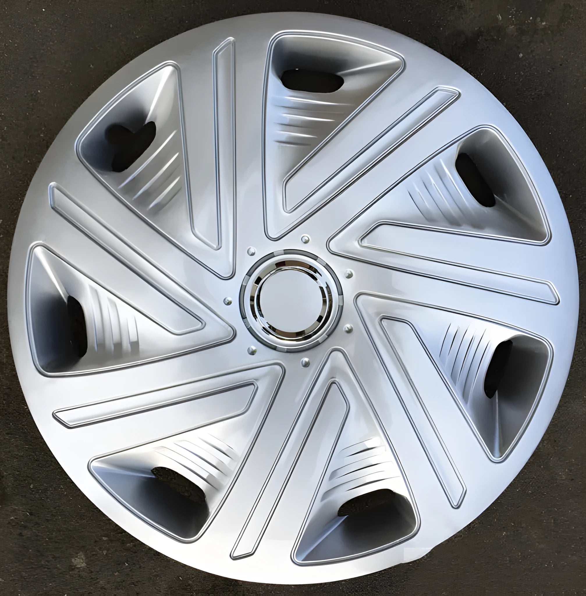 Universal black ABS plastic wheel hub cover for car, shown next to a 15-inch silver version