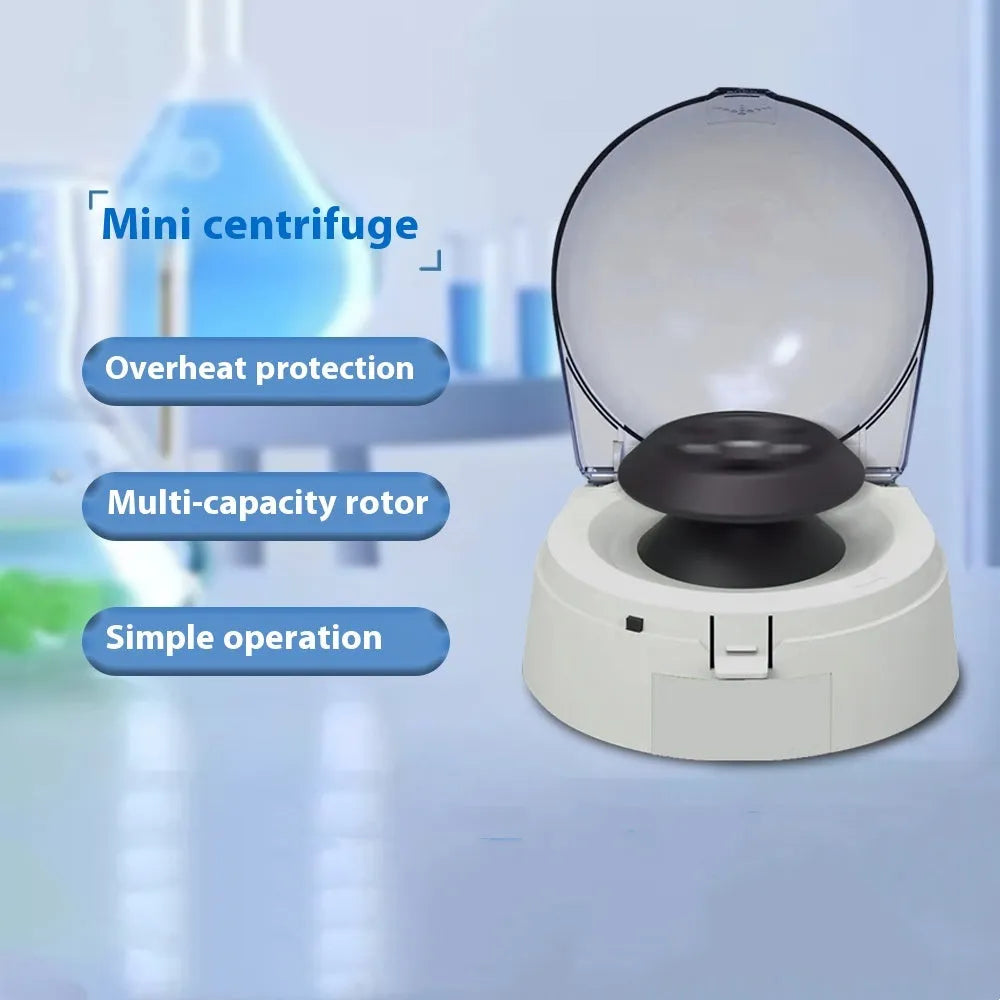Mini laboratory centrifuge with compact 157x170x120mm dimensions and 7000 RPM speed capability