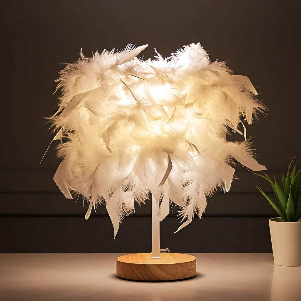 LED feather table lamp with wooden art base, USB cable with switch, available in pink or white feather models