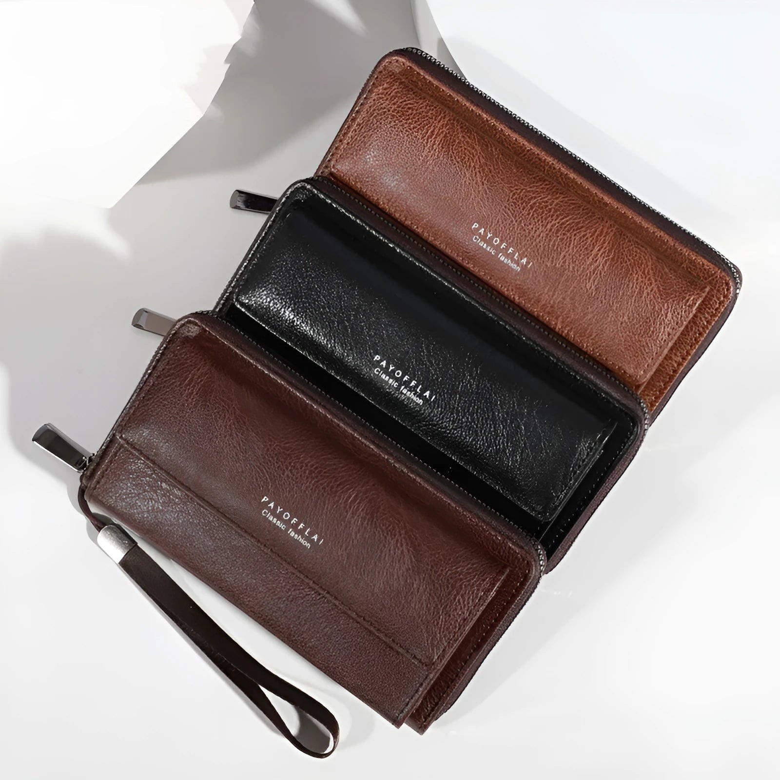 Men's PU leather wallet with multiple card slots in black, brown, and coffee colours showing compact 19cm design