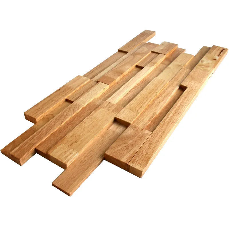 Retro 3D solid wood mosaic patch wall panel in natural wood finish showing stereo background texture