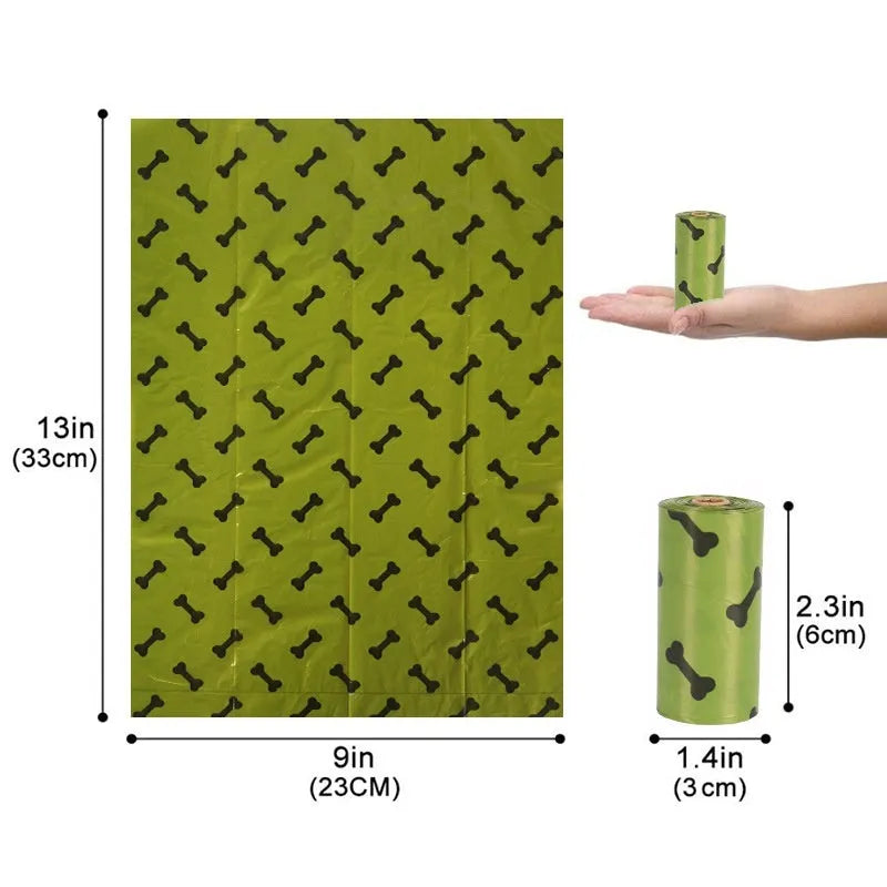 Military green degradable dog poop bags with black bone print, 23x33cm size