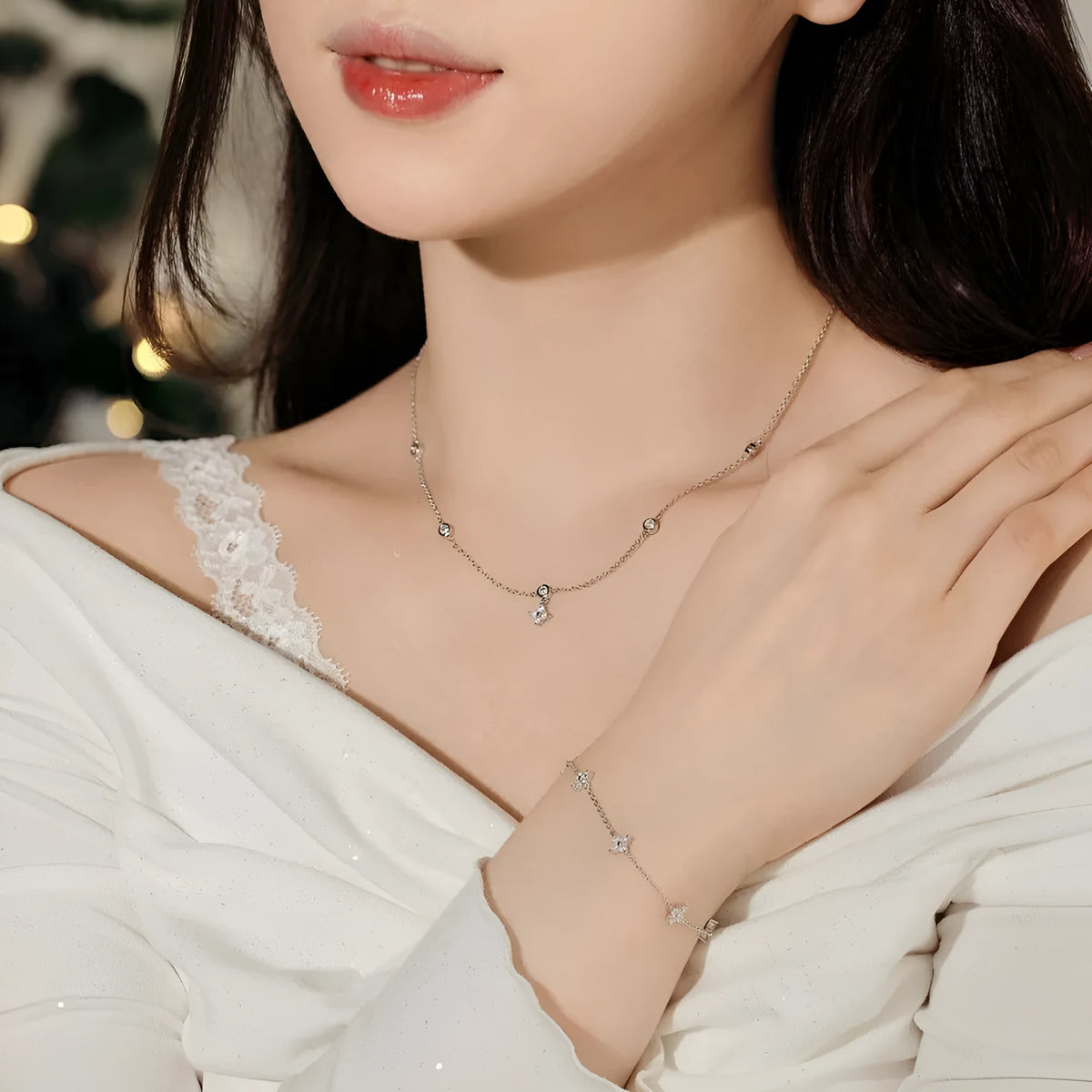 S925 sterling silver necklace and bracelet set with starry plant and flower zircon pendant in platinum colour or gold