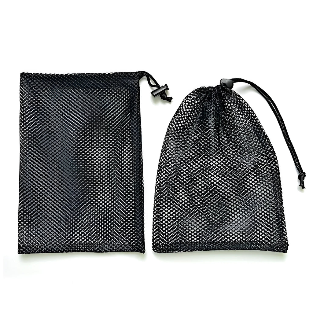 Black drawstring mesh storage bag shown in three size options for water ball toys.