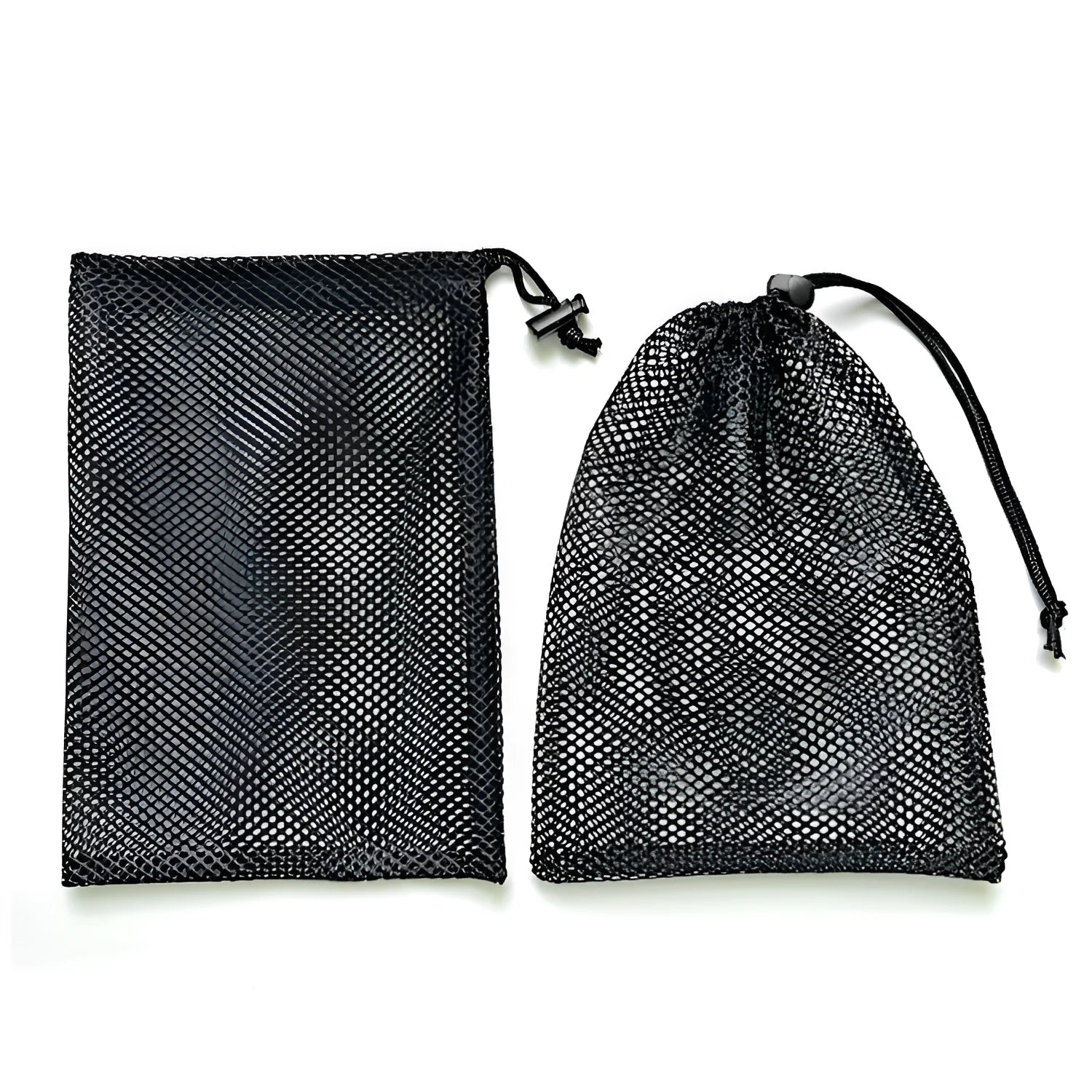 Black drawstring mesh storage bag shown in three size options for water ball toys.