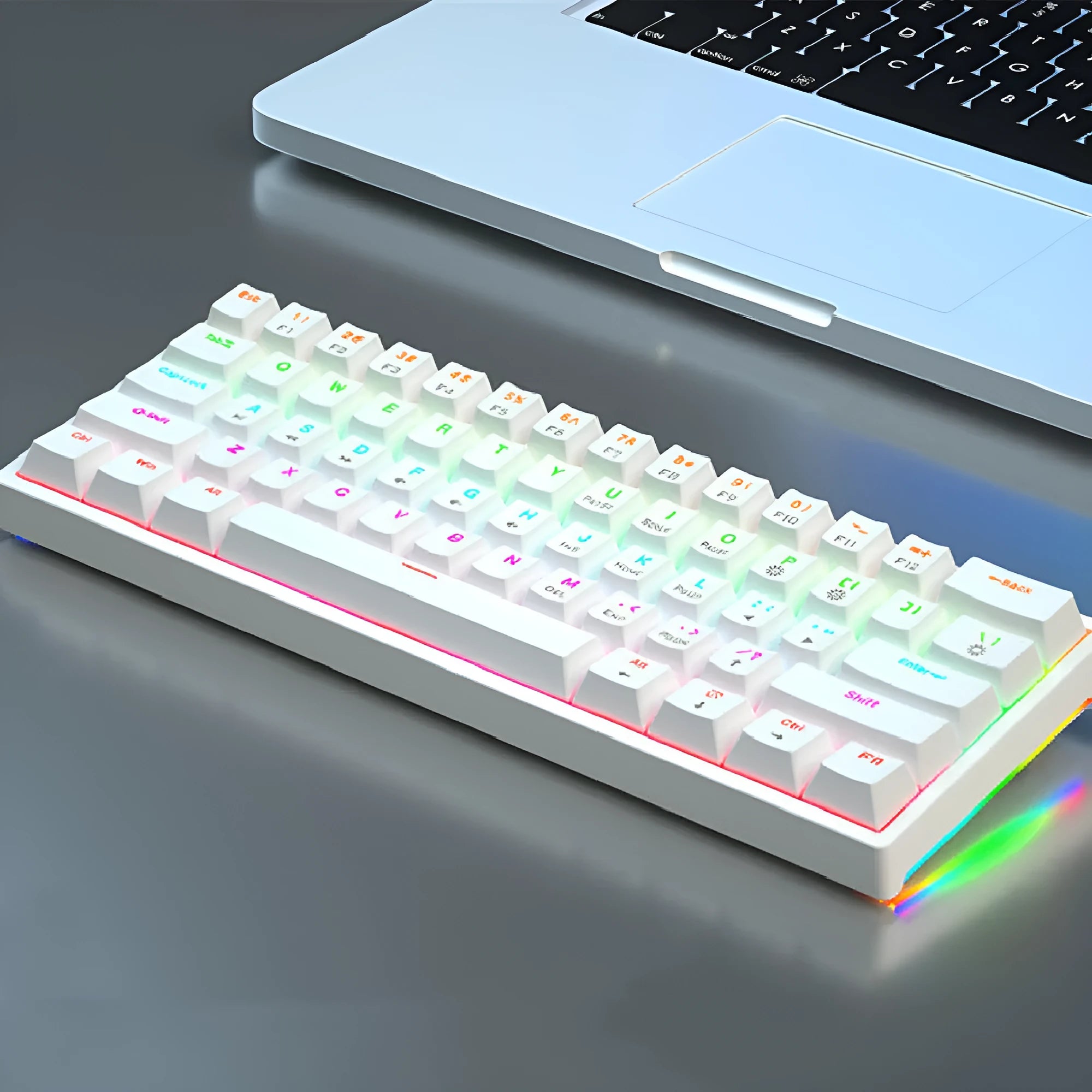 61-key bluish-black and white mechanical keyboard with hot-swap switches on desk