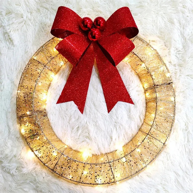 50cm handmade Christmas garland with bowknot, 140 LED warm lights, gold or green, for door or wall