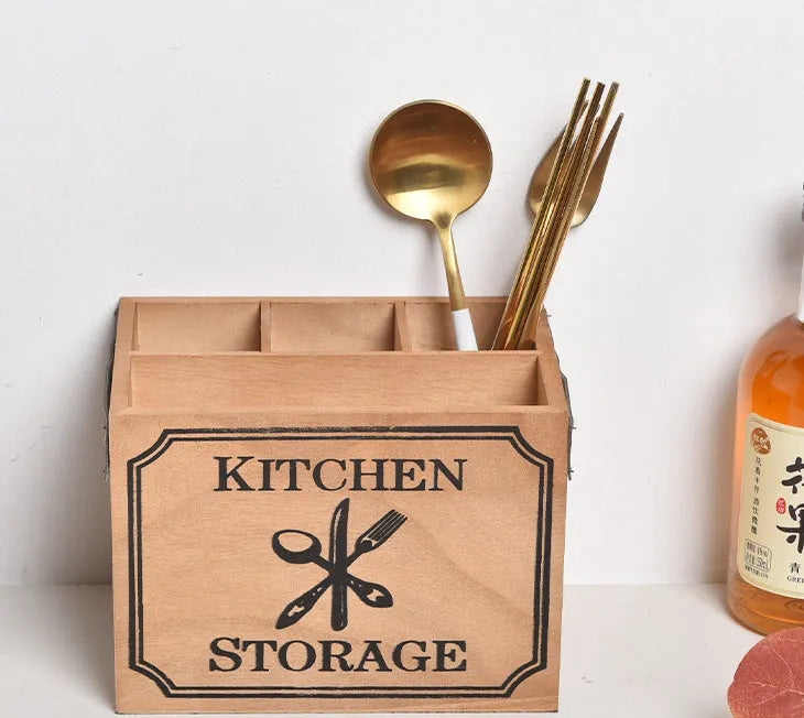 Wooden kitchen storage box for knives forks chopsticks with internal divider grid