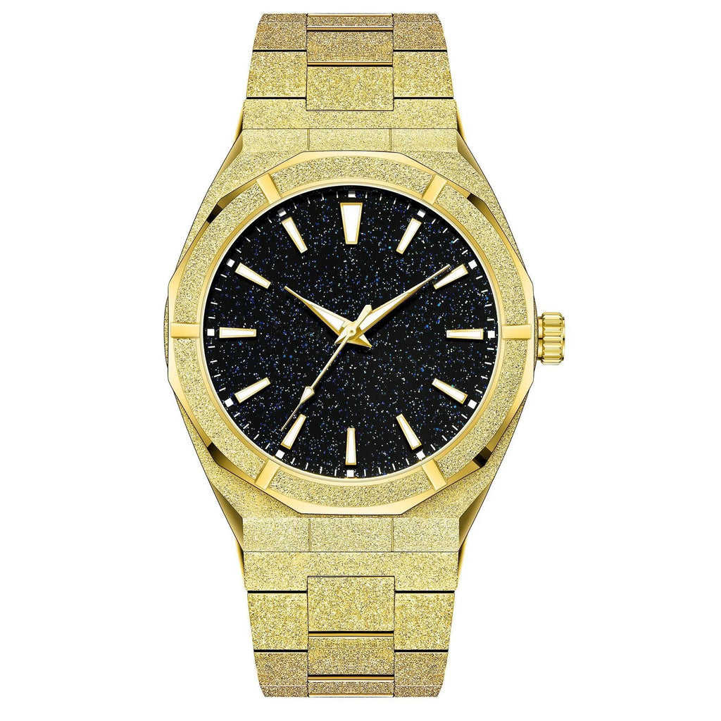 Men's stainless steel business watch with luminous markers on a frosted bracelet, shown in black, gold, and silver colour options.