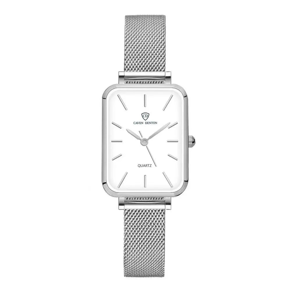 Women's rose gold waterproof watch with a woven steel strap and quartz movement.