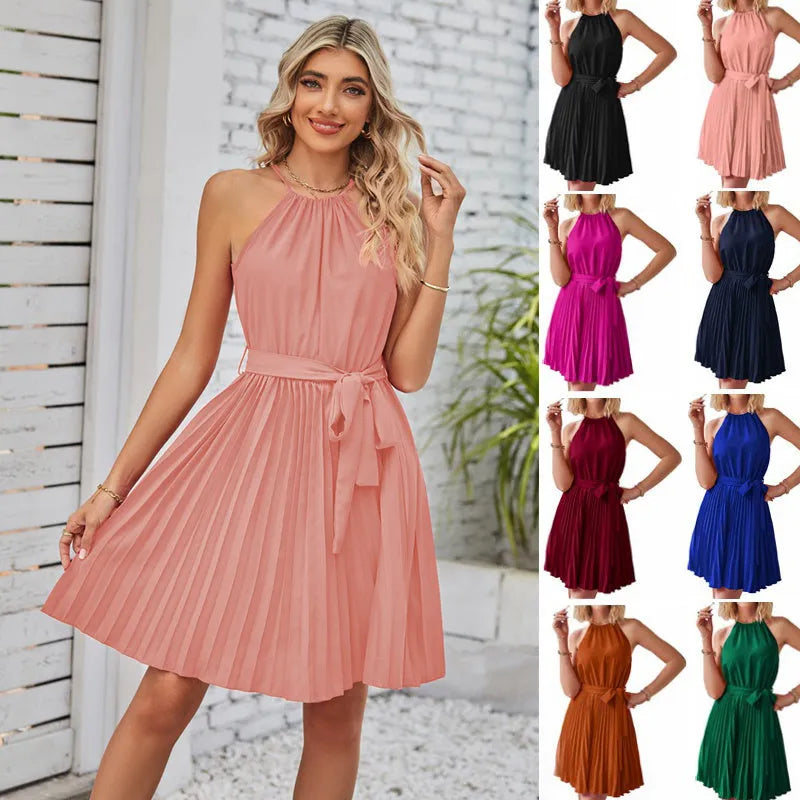 Women's black halter neck strapless chiffon dress with pleated midi skirt