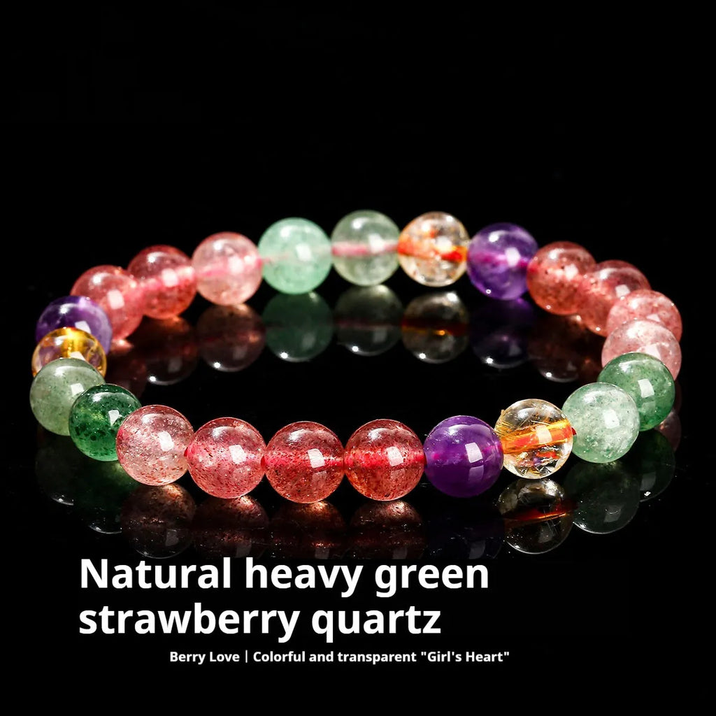 Natural strawberry quartz bracelet for women with round beads in about 7mm, 8mm, or 9mm and tourmaline colour style.