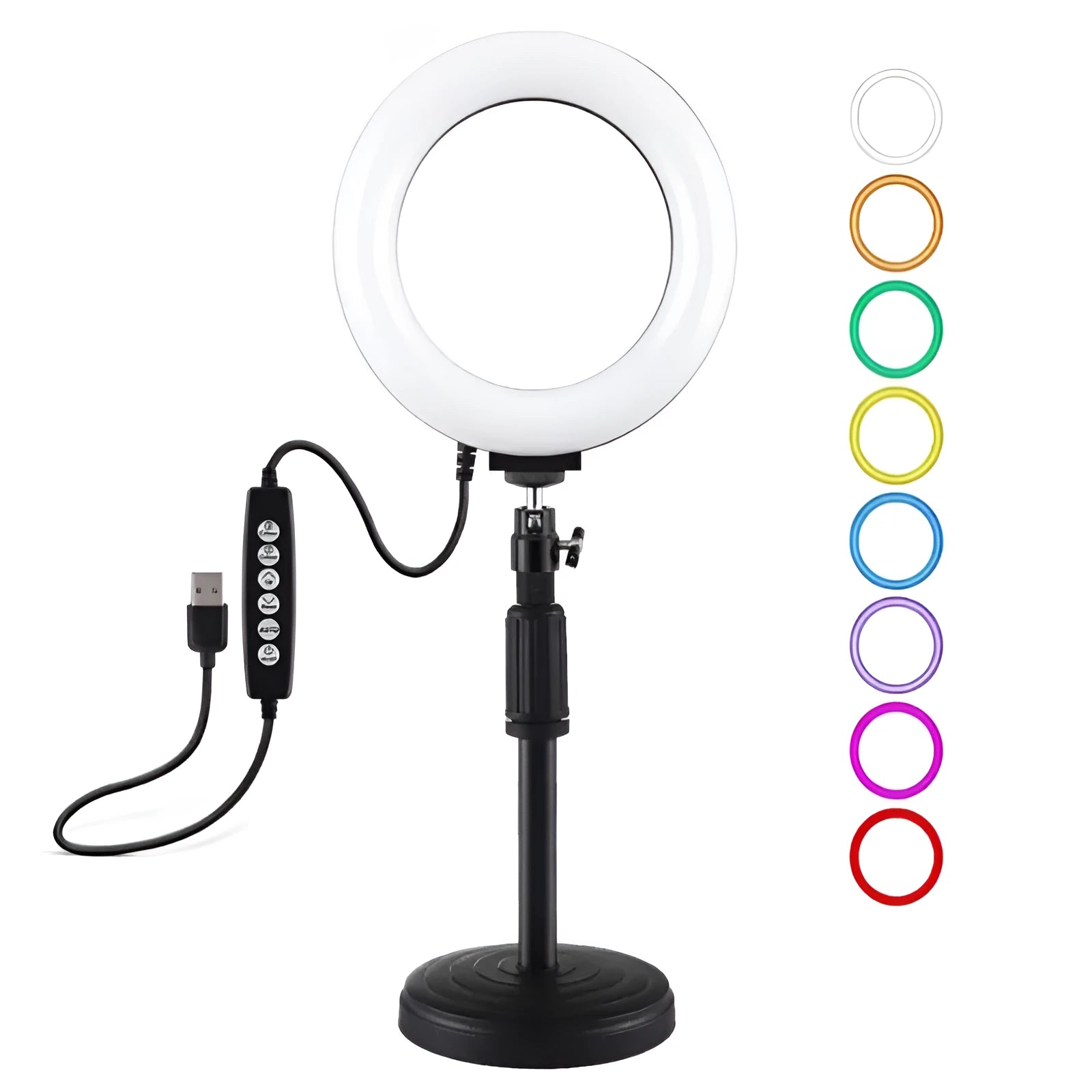 Black ring-shaped desktop fill light with two mobile phone holders placed on a table